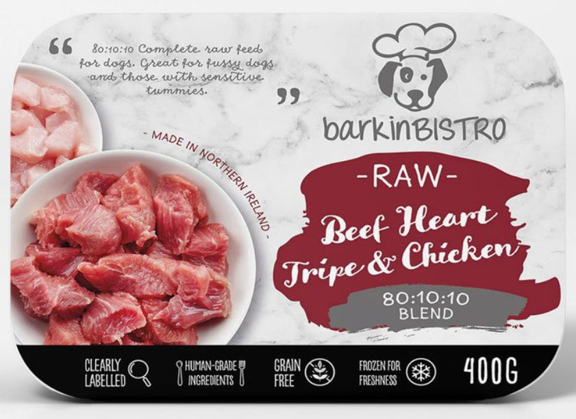 Barkin Bistro - Raw Beef Heart Tripe And Chicken - 80/10/10 400g