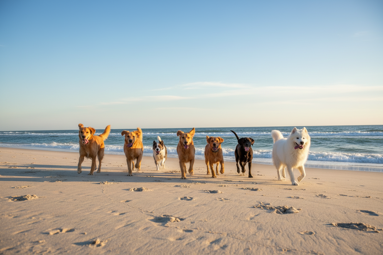 Healthy dogs on beach